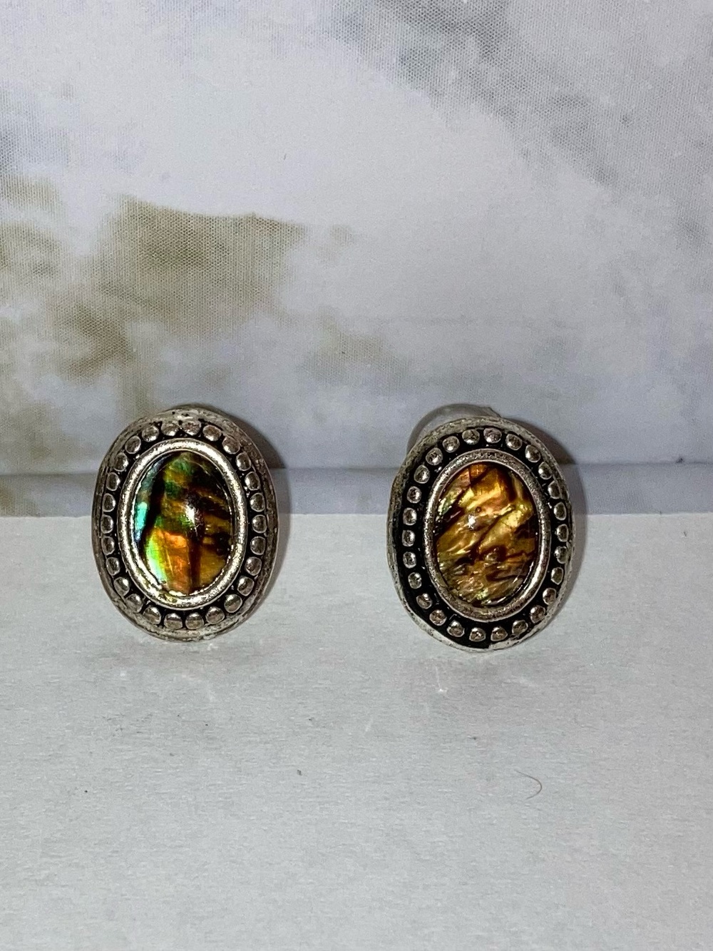 Vintage Brown Abalone Shell Cats Eye Oval Silver Stud Earrings